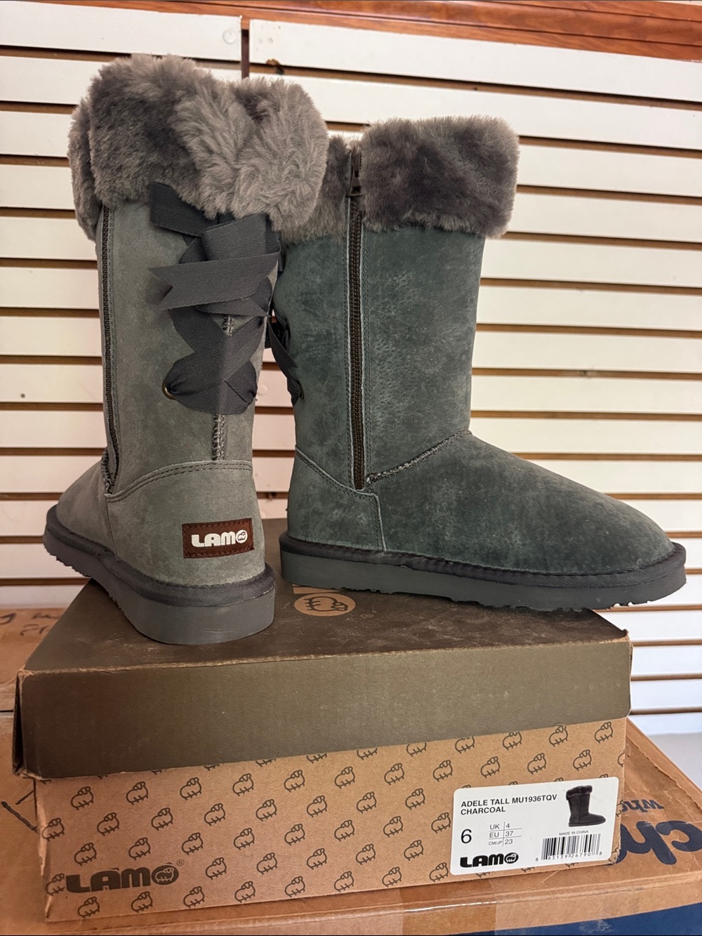 Lamo Charcoal Suede Tall Fur-Trim Winter Boots